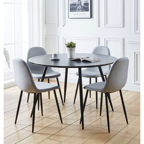 Hallowood Furniture Cullompton Large Round Dining Table and 4 Chairs Set, 120cm Wooden Effect Black Table with Grey Fabric Chairs, Stylish Kitchen, Dining Room & Cafe Furniture Set (1/5)
