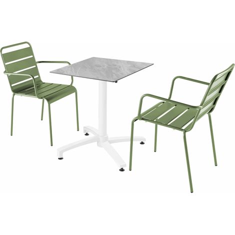 Ensemble table terrasse stratifié marbre avec 2 fauteuils vert cactus (1/5)