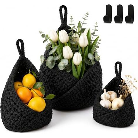 Lot de 3 paniers suspendus pour fruits en filet tressé, rangement mural pour cuisine, corbeilles à fruits avec 3 crochets, organisateur pratique pour fruits, légumes et accessoires (1/5)