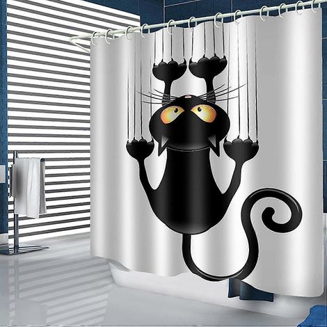 Rideau de douche à faire soi-même avec motif chat noir humoristique et crochets, 120 x 180 cm (1/5)