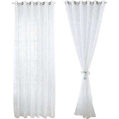 2 Pièces Rideaux Voilage Blanc 100x250 cm avec Motifs de Feuilles Décoration Élégante de Salon Chambre Salle à Manger (1/3)