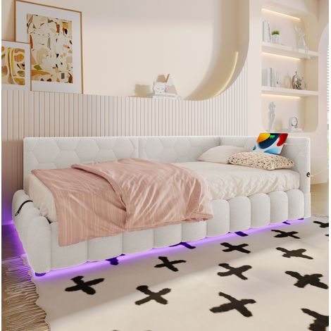 Lit banquette moderne 90x200 cm blanc en velours avec tête de lit, sommier à lattes, coffre relevable, LED, USB et Type-C (1/5)