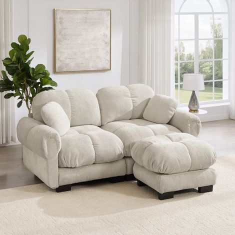 Divano modulare angolare 190x149x90 cm, seduta trapuntata, pouf mobile, chenille, kaki chiaro (1/5)