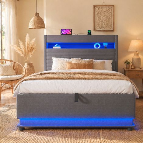 Cama 90x200 con almacenaje y LED, lino gris OKMYHOME (1/5)