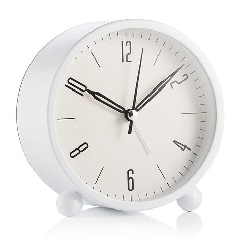 Sveglia rotonda senza fodera, a batteria e con funzione luce sveglia super silenziosa design semplice ed elegante per ufficio/camera da letto bianca (1/4)