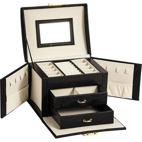 Boîte à bijoux, verrouillable, 3 niveaux, 2 tiroirs, avec miroir, convient pour la maison et l'extérieur, idéale pour les bagues, boucles d'oreilles, colliers, bracelets (1/5)