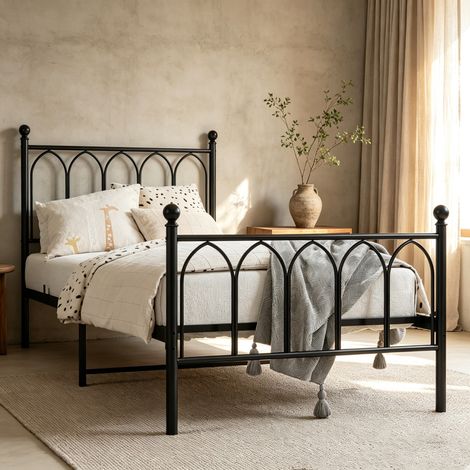 Cama Individual 90x200 cm Metálica Rústica Negro, Estructura Robusta con 5 Patas, Cabecero Alto, Espacio bajo la Cama 27 cm (1/5)