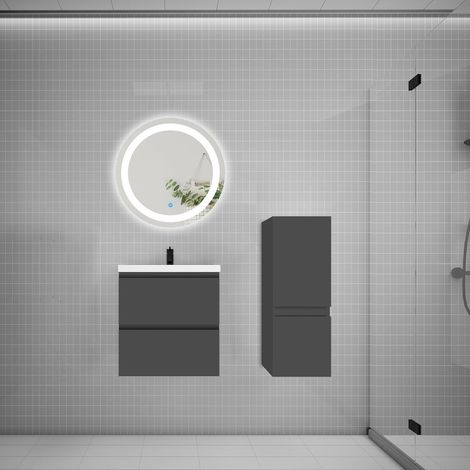 Ensemble meuble vasque L.50cm 2 tiroirs + lavabo + LED miroir rond 60cm + colonne,anthracite,style (1/5)