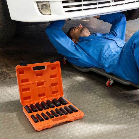 YISSALE - Jeu Professionnel de 16 Douilles à Choc 1/2" Robustes, 6 Pans, Acier Chrome Vanadium, 10-32 mm, Étui, pour Clé à Choc, Garage Auto, Camion, Chantier (1/5)