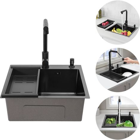 Fregadero de cocina, lavadero, 50 x 45 cm, fregadero bajo encimera de acero inoxidable, negro, con 1 seno y grifo extensible