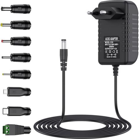 Adaptateur Secteur 12V 2A Alimentation AC220V 230V vers DC12V Pilote 5.5mm avec 8 adaptateurs de Prise 2000mA 1000mA 500mA convertisseur Chargeur AC-DC (2A) (1/5)