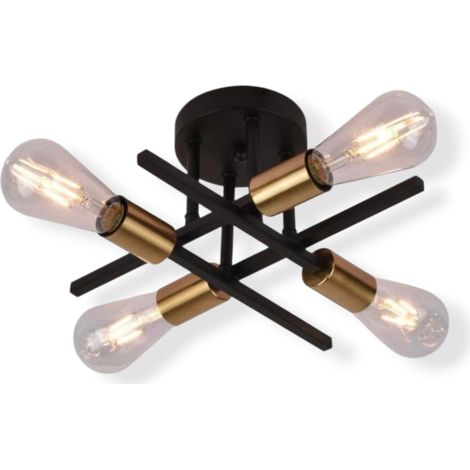 Plafoniera da Soffitto Moderna in Metallo Nero e Oro, Attacco E27, Design Industriale, 4 Portalampada, IP20, 220V (senza lampadine)