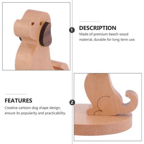 Support Téléphone - Forme Chien - Bois Naturel - Bureau Maison Voiture - Compatible iPhone Et Smartphones Avec Coque - 1 Pièce (1/5)