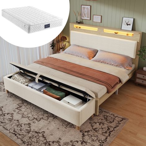 Letto matrimoniale 160x200 cm con panca contenitore, testiera con LED, rovere chiaro e beige (1/5)