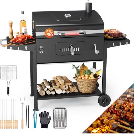 Devoko – Barbecue charbon de bois XXL sur roulettes – Grille chromée 69×43 cm – Fumoir avec 5 aérateurs réglables – Accessoires inclus (1/5)