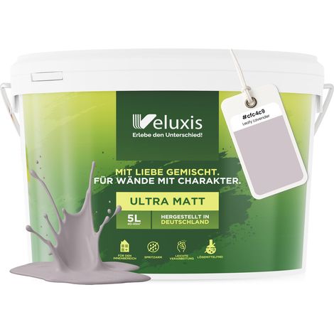 Peinture murale gris-violet-rose mate pour intérieur – Pouvoir couvrant classe 1, sans COV, sans apprêt, à faible écoulement – Salon et chambre – 5 L – Veluxis (Leafy Lavender)