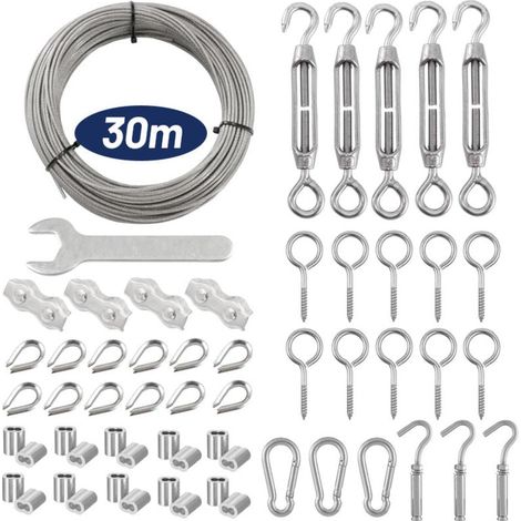 Set mit 59 Edelstahl-Kabelseilen, je 30 m lang, mit Ösen, für Pflanzen, Wäsche, Beleuchtung (1/4)