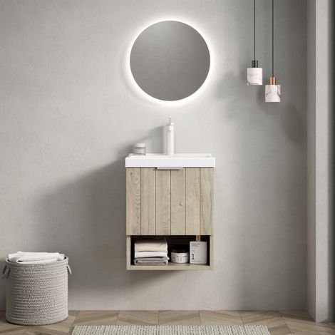 Mueble de lavabo suspendido de cerámica y madera contrachapada blanco roto/blanco 42 cm con 2 puertas y estante abierto (1/5)