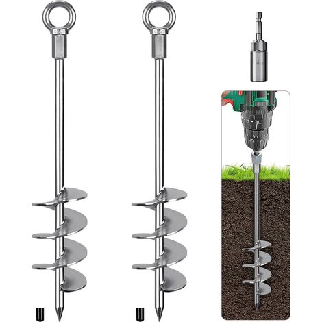 Ancrages de Sol, 47cm Piquet Ancrage Piquet de Trampoline à Visser 2pcs Pointes Tempête Métal pour Balançoire/Camping/Abri/Chien/Abri Jardin avec Anneau Fixe Sac Rangement, Argenté (1/5)