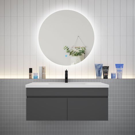Aica Ensemble meuble Salle de Bain L.100cm Anthracite + vasque + Miroir 100cm Tricolore + Dimmable Rond