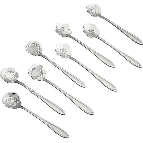 Set aus 8 originellen und eleganten Löffeln in Blütenform für Zuhause, Geschäft oder Büro (Kirschblüte, Rose, Platycodon, Persische Gänseblümchen, Sonnenblume). – 8 Stück – Silber (1/3)