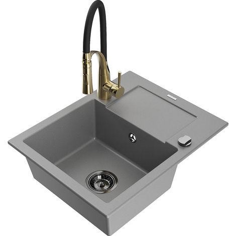 Mexen Enzo fregadero de granito de 1 cubeta con escurridor y grifo de cocina Aster, gris - 6506-71-73450-57-B (1/5)