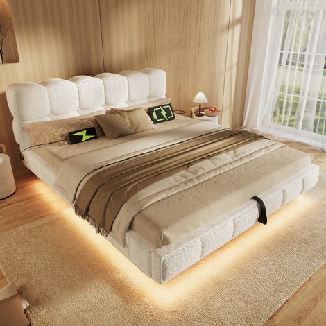 Lit coffre 140x200 cm - LED et ports USB/USB-C - Tête de lit rembourrée design nuage - Coffre hydraulique - Chenille Beige (1/5)