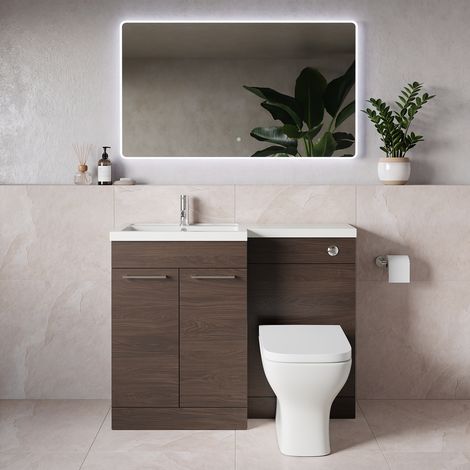 Napoli 390 Brown Oak 1100mm 2 Door Vanity Unit Toilet Suite with Square Left Hand Lucia Basin - 1100mm - Chrome 160mm HandleWith Kingston Toilet Pan and Seat