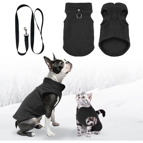 Veste en polaire pour chien et chat Manteau d'hiver chaud pour animaux de compagnie avec anneau de traction et laisse de promenade Ajustement confortable Noir (1/5)