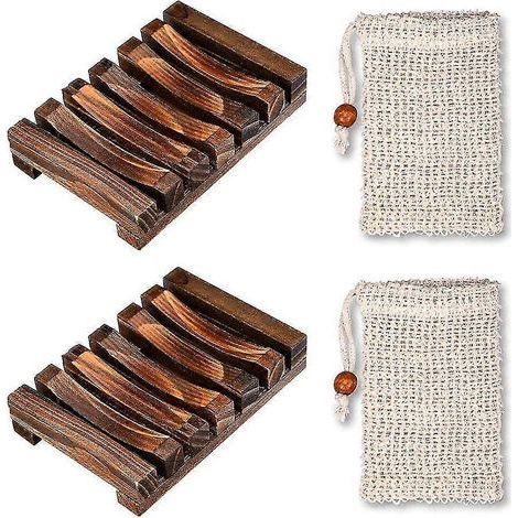 Ensemble de douche comprenant 2 porte-savons en bois, 2 sacs à savon, boîte à savon en bambou naturel, sac à savon bio avec cordon, empêche les résidus de savon sur l'étagère de votre lavabo. (1/5)