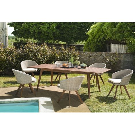 VICK - Ensemble de jardin bois table rect. Ext. 180/240cm 6 fauteuils (1/5)