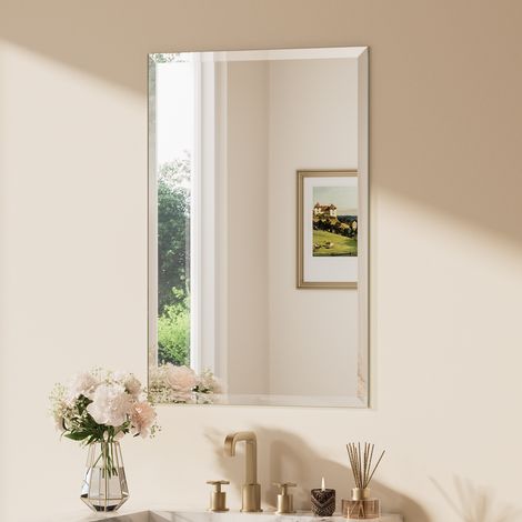 Keonjinn Badspiegel Facettenschliff, 60x90cm Bad Spiegel mit Gehärtetes Glas und Splitterschutzfolie,Rahmenloser Badezimmerspiegel, Rechteckiger Wandspiegel Vertikal Horizontal Möglich, für Garderobe