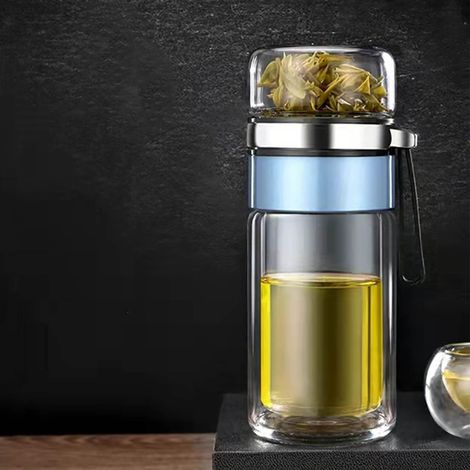 Bouteille à thé transparente en verre, bouteille isotherme portable pour thé et eau, bouteille avec séparateur d'eau et de thé, bleue (1/5)