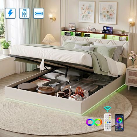 Polsterbett mit Stauraum 160x200 cm mit LED und USB-Anschlüssen - Gepolstertes Doppelbett aus Leinen, hydraulischer Bettkasten und Lattenrost - Beige