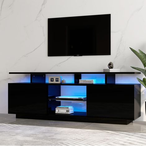 TV-Möbel 140 cm mit LED-Beleuchtung, 2 Türen, 5 offene Fächer, Schwarz HAVRYA (1/5)
