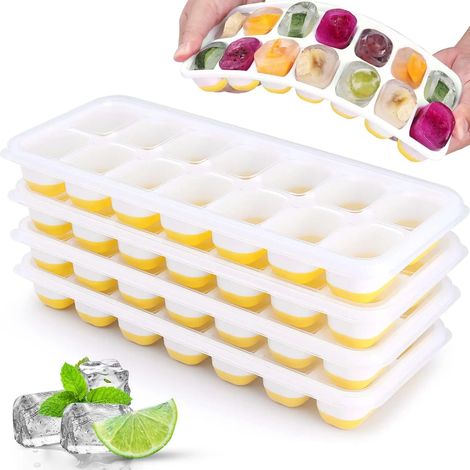 Moule à glaçons en silicone avec couvercle, carré, 14 cubes, démoulage facile (Jaune - 2 plateaux (28 cubes)). Idéal pour la cuisine, le bar et la préparation de boissons glacées maison. (1/5)