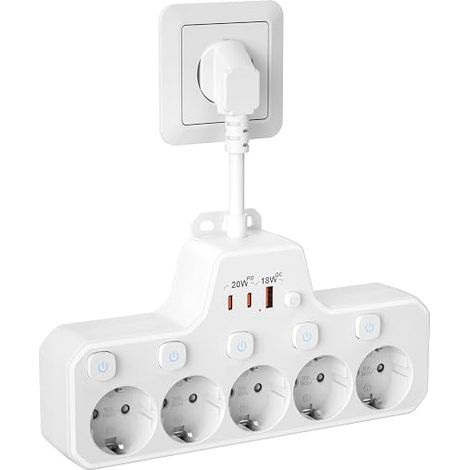 Power Strip with Individual Switch, Short Cable 10 cm, White (1/5)