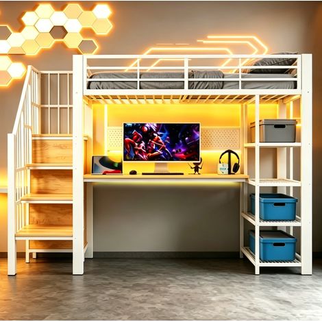 Cama alta 90 x 200 cm con escritorio, LED, enchufes y estantes, blanca DESVIAE (1/5)