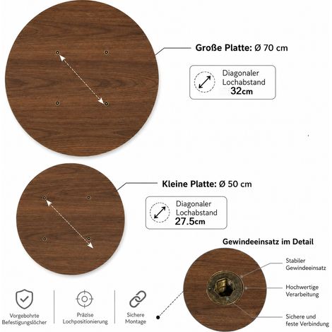 Ensemble de 2 plateaux ronds aspect noyer, Ø70 + Ø50cm, panneau mélaminé 18mm, 2 plateaux uniquement, sans piètement ni pieds de table (1/5)