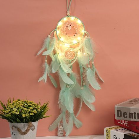 Attrape-rêves avec guirlande lumineuse, porte-bonheur fait main, décoration murale avec plumes pour chambre d'enfant, carillon vert (1/2)