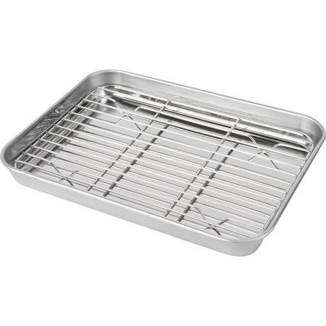 Plaque De Cuisson Avec Grille, Plaques De Cuisson Antiadhésives Rectangulaires Plat Inox Avec Grille En Acier Inoxydable Et Grille De Refroidissement Amovible Plat Grille(23 X 17 X 2,5 cm) (1/5)
