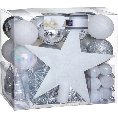 Déco de Sapin de Noël Kit 44 pièces, Boule, Guirlande et Cimier - Argent et Blanc - Feeric Christmas (1/2)