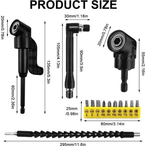 Set di 14 cacciaviti ad angolo retto, cacciavite flessibile a 105°, prolunga flessibile per trapano, punte per cacciavite corte da 1/4", per punte da trapano ad angolo retto (1/4)