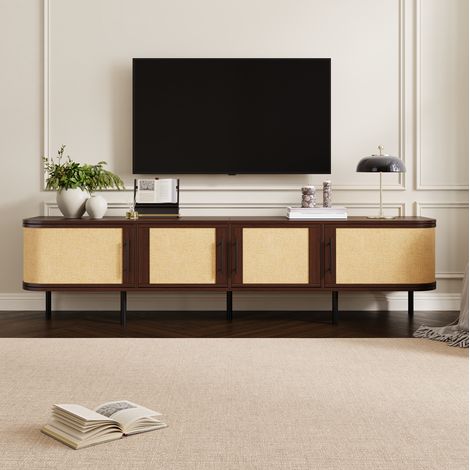 Meuble TV en MDF 180 x 40 x 45 cm avec 4 portes et façade tressée couleur noyer (1/5)
