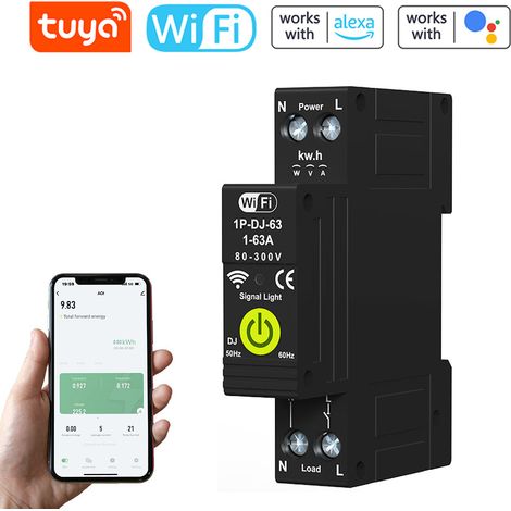 Rosvola – Interrupteur connecté 63A – Contrôle à distance via application Tuya/Smart Life – Compatible Alexa et Google Assistant – Protection contre surtensions et fuites