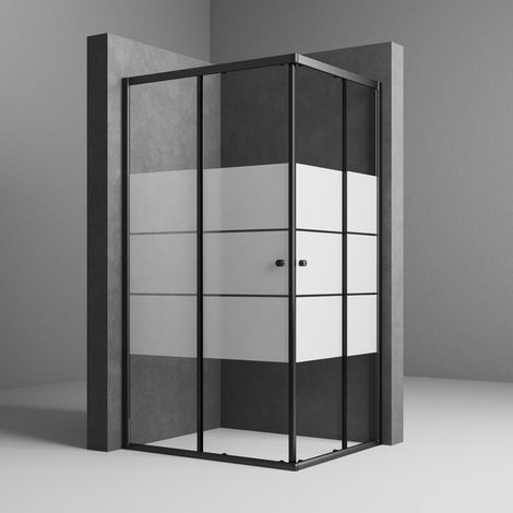 Schwarzer Duschkabine 100x100 cm Eckeinstieg Schiebetür Duschabtrennung mit Doppel Schiebetüren aus 6mm ESG Sicherheitsglas mit weißen Querstreifen-Dekor, Duschwand Höhe 185cm, LINKS & RECHTS MONTIERB