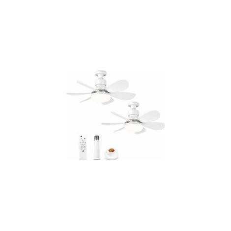 Lot de 2 Ventilateurs Plafond E27 - 52cm Blanc 40W - Télécommande 3 Vitesses 6 Pales Silencieux Éclairage