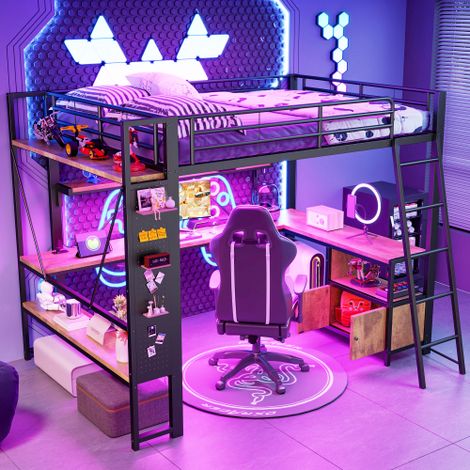 Lit mezzanine, structure en fer, avec bande lumineuse LED, bureau, espace de rangement, plusieurs étagères, panneau perforé, port USB, sans matelas