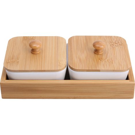 Plateau à collation en céramique avec couvercle en bambou, 2 compartiments pour fruits ou noix