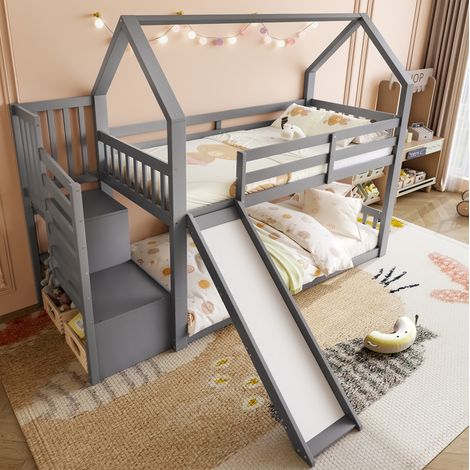 Etagenbett mit Rutsche und Stauraumtreppe (253x183x175 cm), Hausbett, mit Geländer, Kiefernholz, Grau (1/5)